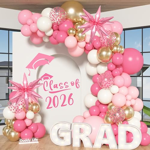 Ouddy Life 142pcs Pink Balloon Garland Arch Kit Pink and Gold White Balloons with Graduation Decorations Class of 2026 Confetti Star Foil for College Birthday Congrats Grad Baby Shower Wedding Party