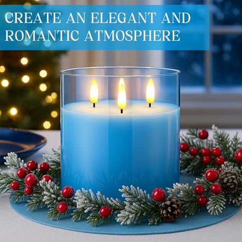 Image of Retisee 6'' x 6'' Extra Large Flameless Candles, 3 Wick Glass Large Fall Candles with Remote Control and Timer Function, Real Wax LED Pillar Flickering for Autumn Party Decor(Classic,Blue,1 Pcs)