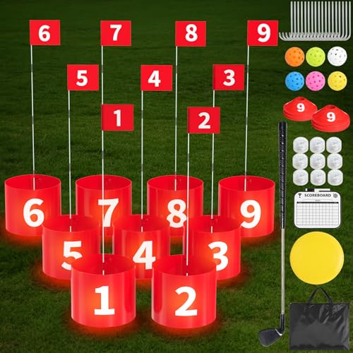 FOOING 9 Hole Golf Set with LED Lights and Club, Backyard Game for Kids and Adults, Lawn, Beach, Yard, Camping, Park