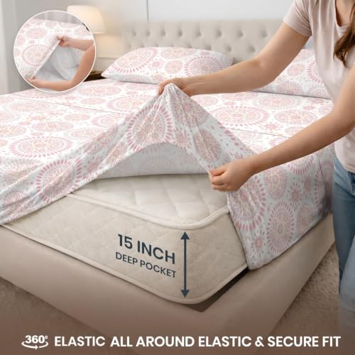 Image of SGI Split King Sheet Set for Adjustable Bed Egyptian Premium Cotton 600 Thread Count Sheets for Sleep Number Bed 15 inch Deep Pocket 5 Pc Set with 2 Twin XL Fitted Sheets Soft Breathable - Boho Mandala