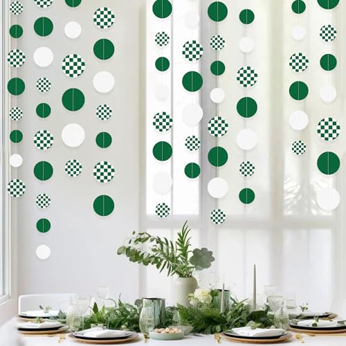 Image of Green Party Decorations White Green Checkered Circle Dots Streamer Hanging Paper Polka Dot Garland for Birthday Wedding Shower Bachelorette Christmas Dinosaur Arbor Day Picnic Golf Party Supplies