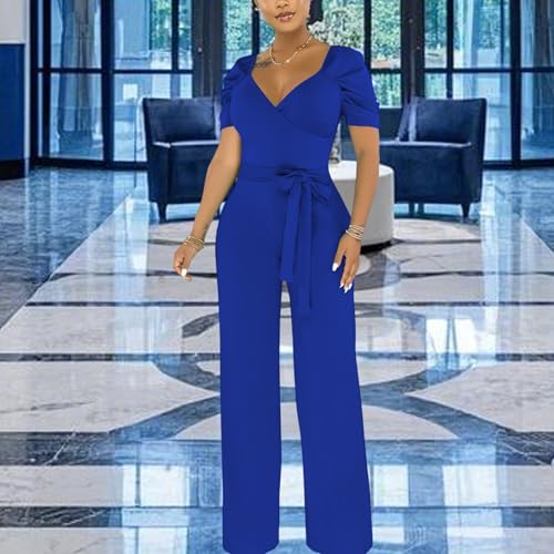 Image of PaladMom Womens Elegant Plus Size Jumpsuits Sexy Back zipper Short Sleeve Mid Waist Wide Leg Straight Rompers