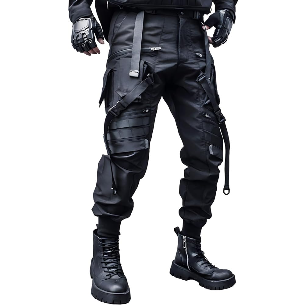 Punk-Joggerhose für Herren, mit mehreren Taschen, Streetwear, Cargohose, schwarz, taktische Techwear, Hip-Hop-Hose, Band