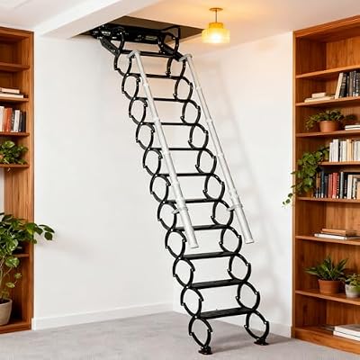 12 Stpes Wall-Mounted Folding Stairs, Telescopic Attic Ladder, Pull Down System Folding with Handrail, Applicable Height is 9.6-10ft, Extendable Ladder for Home Garage Attic(Black, 9.6-10ft)
