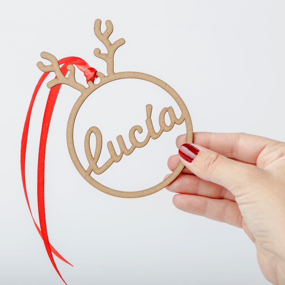 Bolas de Navidad Personalizada - Bolas arbol de navidad - Personalizada con Nombre de Madera - Decoracion navidad - Grabado Alta Calidad - Cuerda incluida. (Reno)