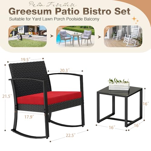 Image of Greesum 3 Piece Patio Furniture Set, All-Weather Imitation Rattan Conversation Set, Outdoor Rocking Chair Bistro Set with Glass Top Coffee Table for Pool, Deck, Porch, Garden or Balcony, Red