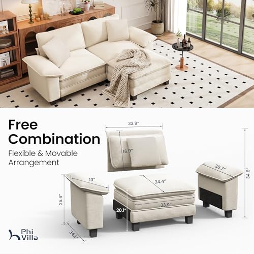 Image of PHI VILLA 87.5 inch Oversized Sectional Loveseat Sofa with 1 Movable Ottoman | Chenille Beige, Wider Armrest, Comfy Deep Seat, Wood Frame, Modern Cloud Modular Couch for Living Room and Apartment