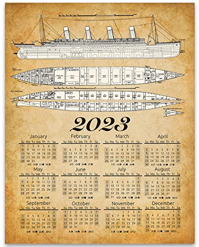 2023 Calendar - Titanic Ship Blueprints - 11x14 Unframed Calendar Art Print - Great Vintage Gift and Decor for History Buffs Under $15