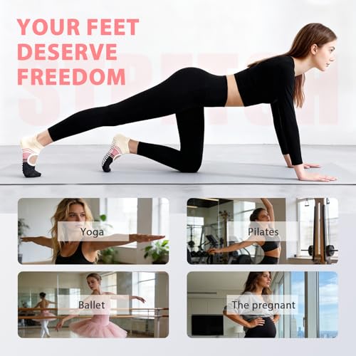 Image of Non Slip Pilates Grip Socks for Women Yoga Barre Knitted Cotton | Full Foot Sticky Silicone,Soft Breathable Comfortable,Durable Washable Anti Skid,Gentle Arch Compression Support