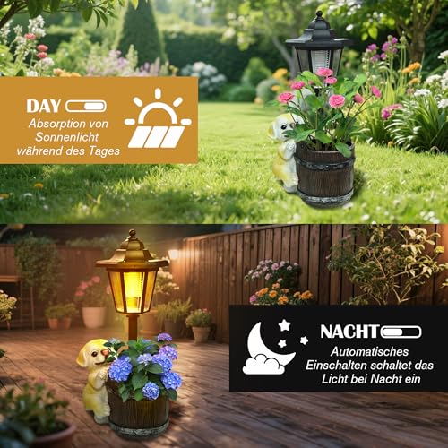 lifemet Gartendeko Solar Außen Hund Statuen - Lustig Gartenfiguren Wasserdicht Solarlampe Blumentopf für Draußen Balkon Garten Deko Geschenke für Frauen Männer Mama