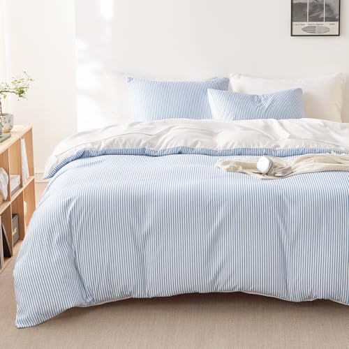 Wake In Cloud - Striped Comforter Set Ticking Stripe Vertical Pinstripe Neutral Farmhouse Pattern Printed Soft Lightweight Bedding 3 Pieces Blue White Queen Size