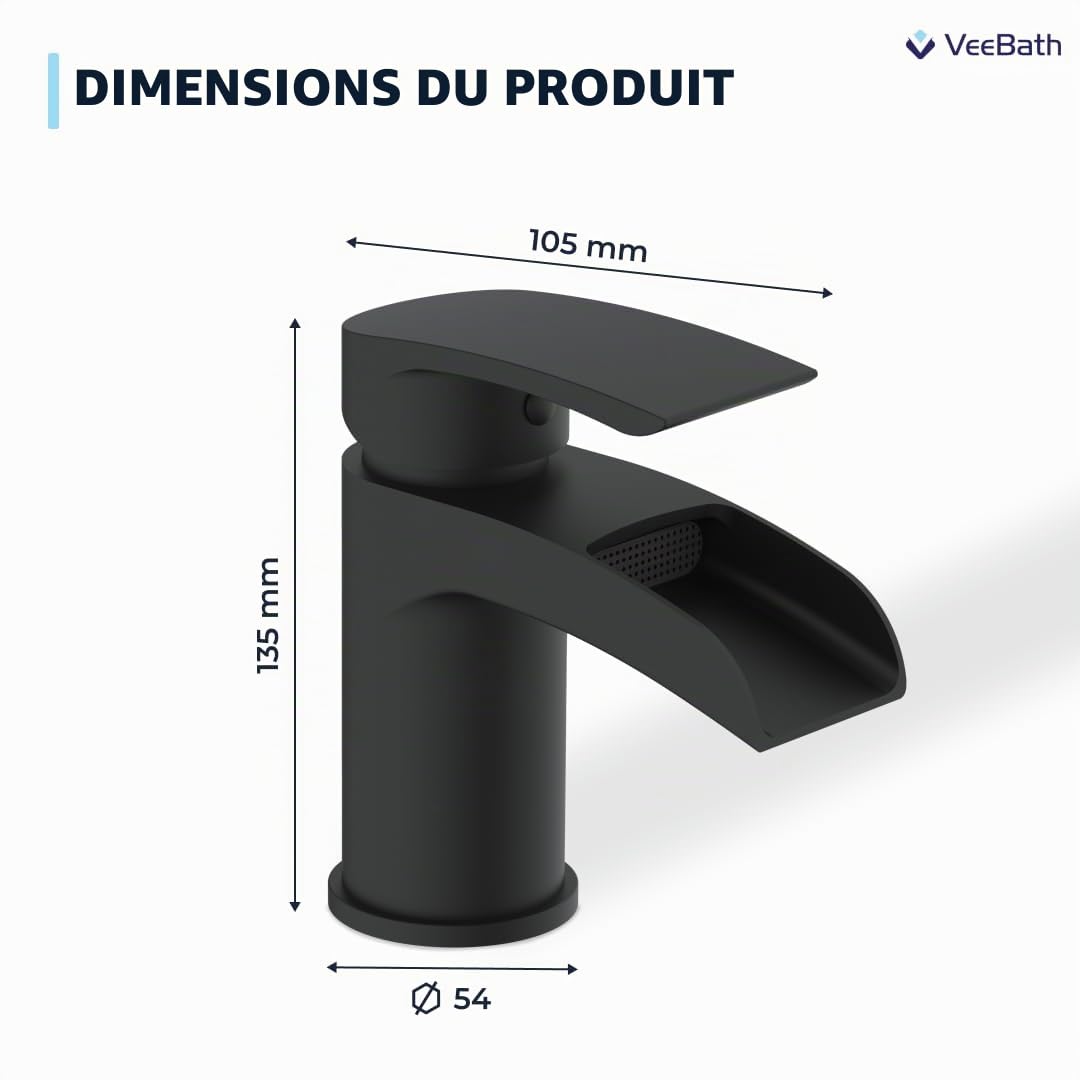 VeeBath Stream Robinet mitigeur de lavabo rond cascade mono, finition noire mate, levier unique, robinet d'évier moderne avec bonde de vidage, robinet de salle de bain monté sur le plateau, design