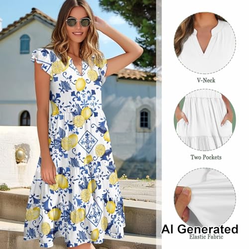 Image of Womens Summer Dress Ruffle Sleeve V Neck Dress Casual Fit Flowy Beach Vacation Sundress with Pocket S-2XL