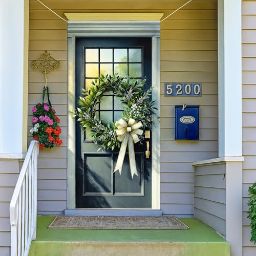 Image of Green Leaf Ring White Flower Cream Bow Door Cover 35x71in