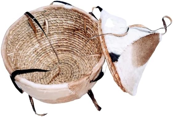 Large Agelgel Ethiopian Basket- Hand Made with natural grass straws and Cowhide cover BEST for Decoration and Gift- Ships.