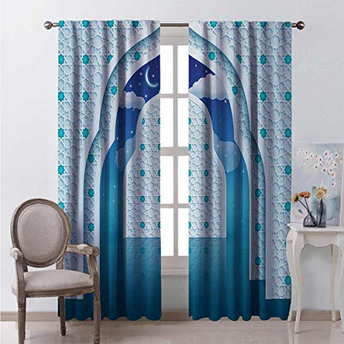 Cortinas opacas para dormitorio marroquí, con cita en árabe oriental, con textura de arco con estrella, telón de fondo de noche, color azul marino