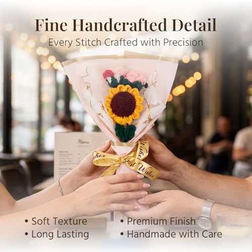 Image of HindCraft Handmade Crochet Flower Bouquet | Sunflower & Pink Rose Knitted Bouquet | Artificial Forever Flowers Gift for Birthday Anniversary Valentine Room Decor
