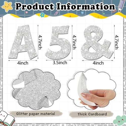 Image of Colarr 144 Pcs Glitter Bulletin Board Letters for Classroom Number Alphabet Punctuation Symbol Cutout 4'' Die-Cut Poster Letter with Adhesive Dot School Party Holiday Decor Display(Silver)