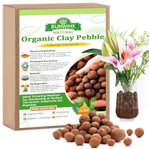 Sunwinx 2 LBS Natural Leca Clay Pebbles for Plants- 4-16mm Expanded Clay Leca Balls for Indoor Plants Hydroton Clay Pebbles for Plants Hydroponic & Aquaponics Growing Orchids Drainage Terrarium