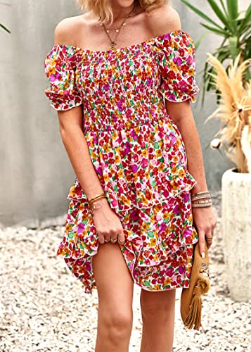 Kirundo 2023 Summer Women's Square Neck Smocked Floral Dress Boho Off Shoulder Tiered Ruffle Flowy Mini Short Dresses(Pink, Medium) #TOP4
