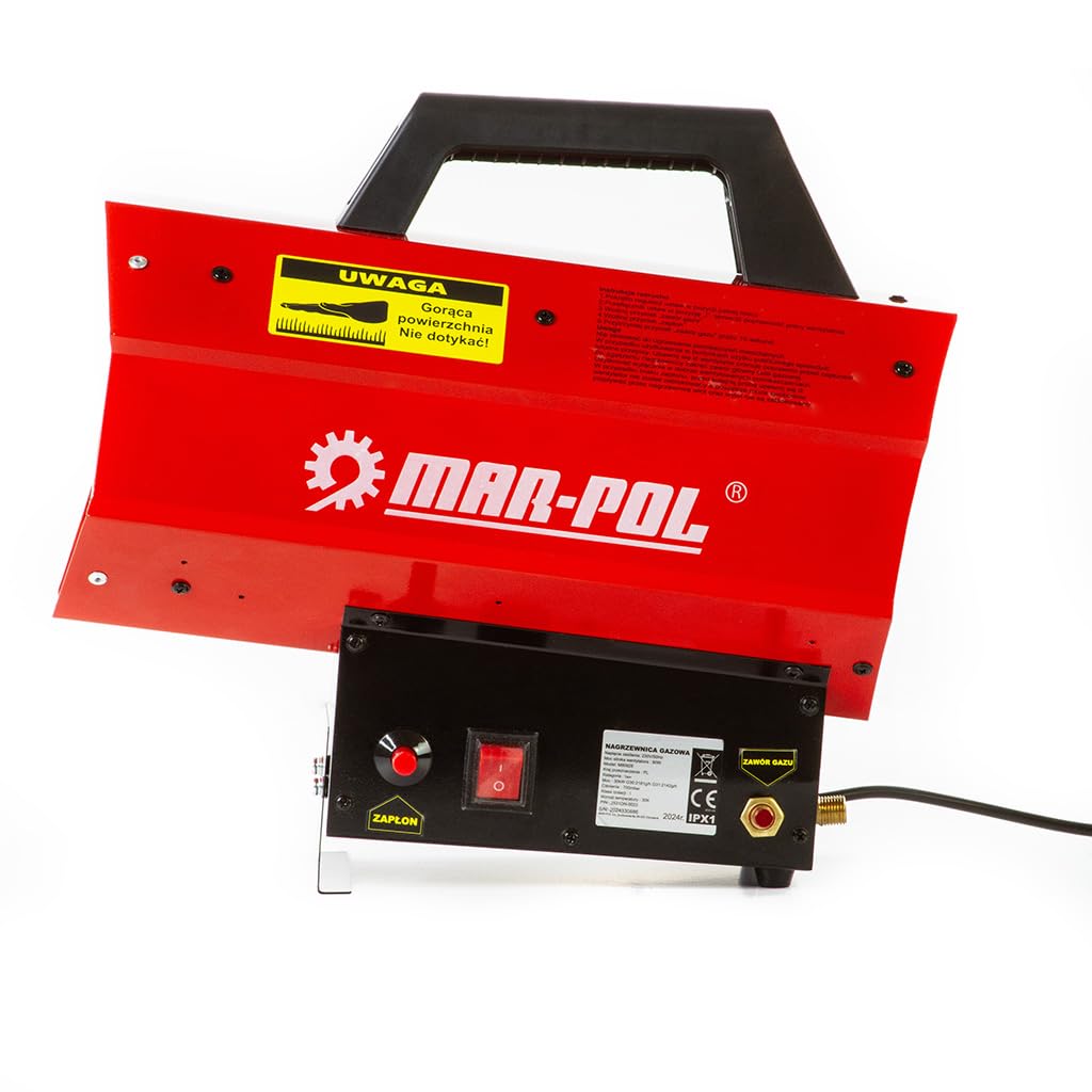 Riscaldatore gas 30kW con tubo 1,5 m e riduttore, struttura metallica resistente, accensione rapida, aria calda pulita, ideale per cantieri, magazzini e spazi ben ventilati