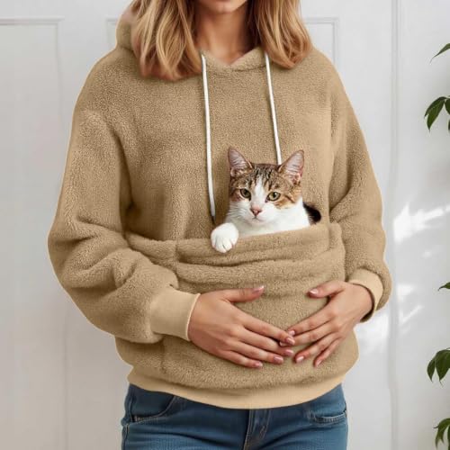 Hrwauag Women Warm Sherpa Hoodie with Spacious Front Pocket Long Sleeve Drawstring Winter Loose Hooded Sweatshirt for Daily Beige - image 2