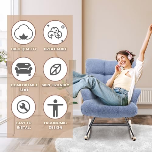 Image of SAETSFEG Rocking Chair Nursery Teddy Upholstered Glider Rocker Rocking Accent Chair Padded Seat with High Backrest Armchair Comfy Side Chair for Living Room Bedroom Offices (Darkblue Teddy)
