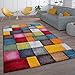 Kurzflor Wohnzimmer Teppich Bunt Karo Design Vierecke Mehrfarbig Farbenfroh, Grösse:200x290 cm