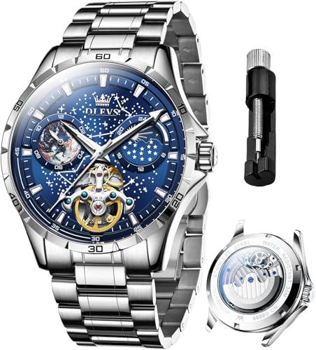 OLEVS Mens Luxury Skeleton Automatic Watch Diamond Self Winding Mechanical Timepiece Gifts Luminous Waterproof