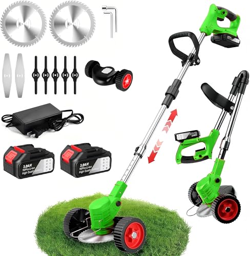 Desbrozadora con batería, 21 V, con batería de 3,0 Ah y cargador, batería de desbrozadora, plegable y función telescópica de 100-135 cm, con 10 accesorios, desbrozadora para jardín, césped (verde con