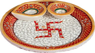 EtsiBitsi Kundan Studded Hand Painted Marble Pooja Thali Set Sindoor dani and Diya