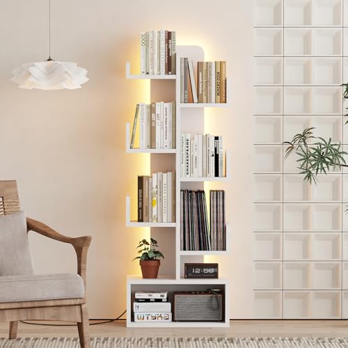 Qupui 6-Tier LED Bookshelf 47 Tall Cactus Corner Bookcase White