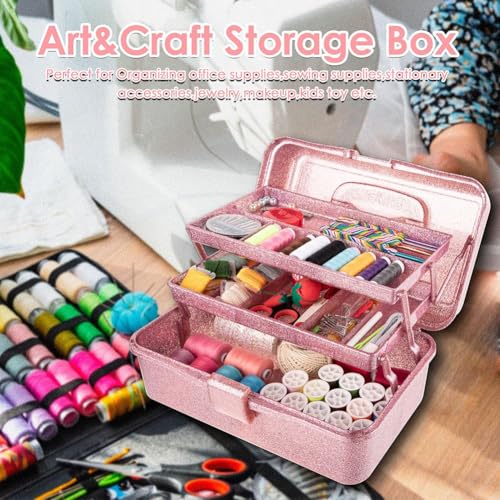 Boîte de rangement pour outils d'artisanat rose empilable à 3 couches
