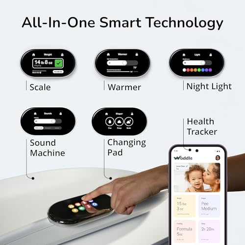 Woddle Baby All-in-One Smart Baby Monitor and Changing Pad, Includes Built in Scale for Weight Monitoring, Embedded Warmer, Night Light, Noise Machine and AI Parent Coach with Touchscreen Tracker
