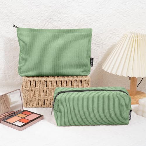 Makeup Bag MAGEFY 2 Pcs Small Cosmetic Bag Corduroy Make up Bag for Women Portable Travel Versatile Makeup Bag Zipper Makeup Pouch for Purse (Green) - Image 2