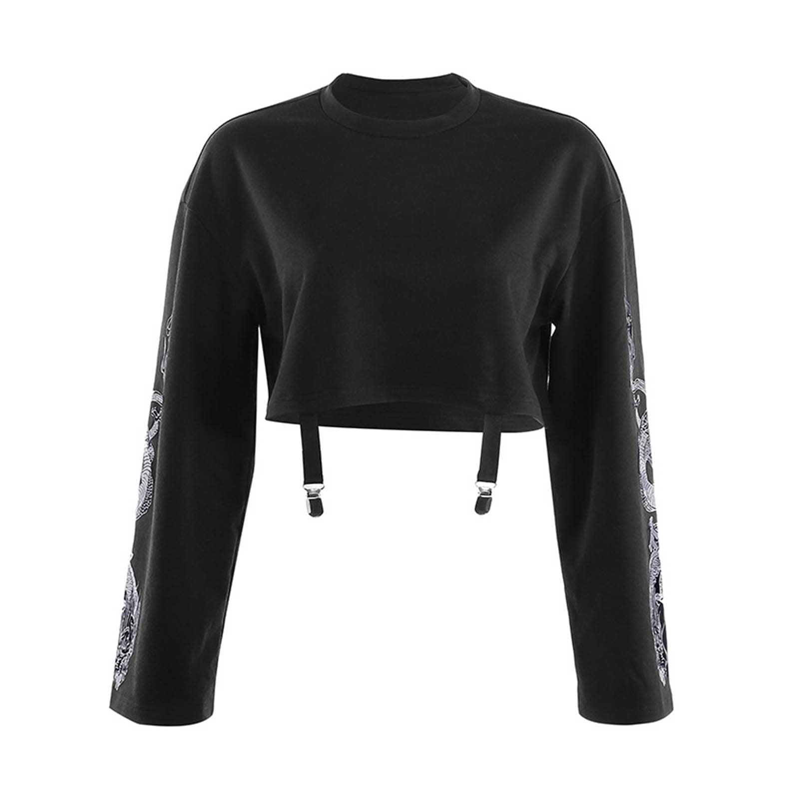 JIFAENY Gothic Punk Cool Girl Dragon Patroon T-shirts Lange Mouw Vrouwen T-Shirt Ronde Hals Zwart Crop Top Herfst Trui - S