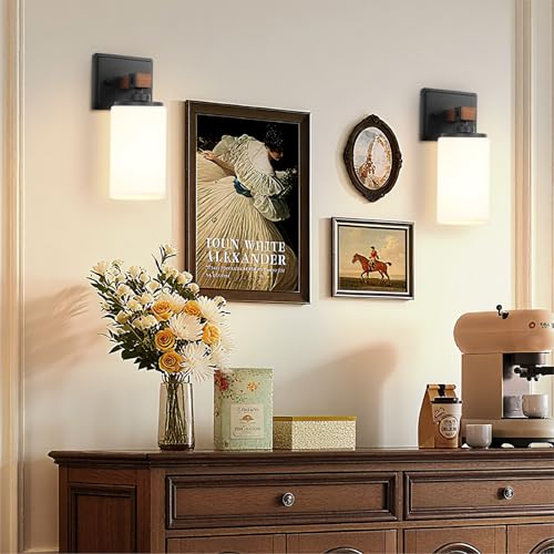 Image of Wall Sconces Set of 2, Farmhouse Rustic Vanity Light for Bathroom, E26 | Wood Grain Brown Wall Light Fixtures with White Glass Shade for Bathroom, Bedroom, Living Room, Hardwired(Bulbs Not Includ)