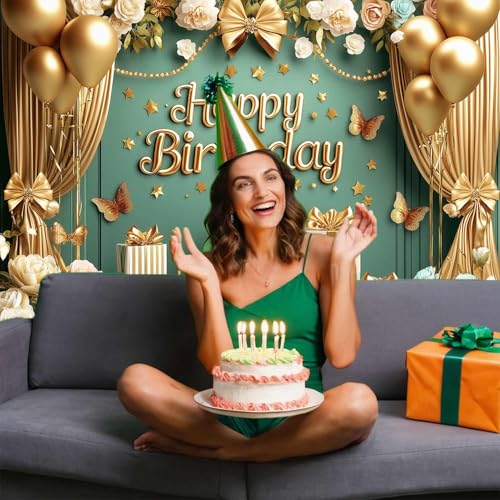 Image of Gold Green Birthday Decorations Banner Butterfly Flower Floral Banner Birthday Photography Background for Girls Women Adults Party Decoration Photo Booth Prop 71 x 43 Inch