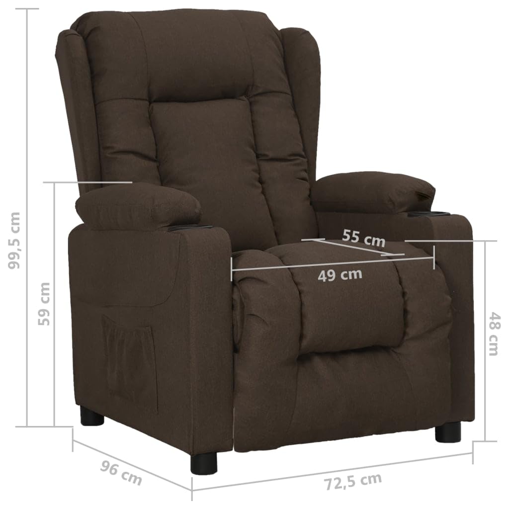 Poltrona Relax con Funzione Reclinata, Poltrona TV Regolabile Manualmente con 2 Portabevande, Poltrona TV Imbottita in Tessuto, Poltrona per Soggiorno, Marrone Scuro