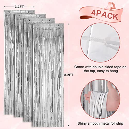 Image of Voircoloria 4 Pack Silver Foil Fringe Backdrop Curtains, Tinsel Streamers Birthday Party Decorations, Fringe Backdrop for Graduation, Baby Shower, Gender Reveal, Disco Party
