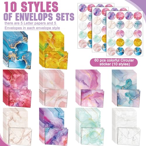 Image of TaoBary 160 Pcs Marble Stationery Paper and Envelopes Set 50 Double Sided Lined Stationery Paper with 50 Matching Envelopes and 60 Round Dot Sticker 5.5 x 8.25'' Letter Writing Kit, 10design