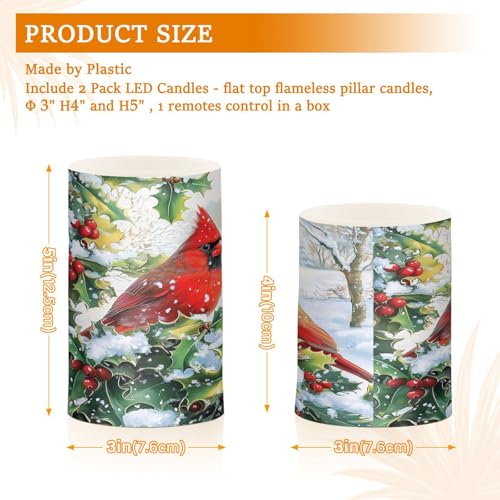 Image of Flickering Flameless Candles, Red Cardinals Holly Christmas LED Candles with Remote Timer, Set of 2 Battery Operated Candle for Valentine Wedding Birthday