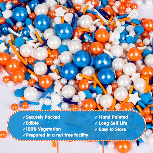 Image of Edible Blue Orange Sprinkles for Cake Decorating,130g White Stars Pearls and Jimmies Mix,Round Sugar Confettis Sprinkle,Cupcake,Cookies,Donut,Basketball Soccer Sports Themed Holiday Dessert Toppings,Birthday Celebration Supplies