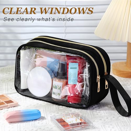 Weewooday Clear Makeup Bag Double Layer Cosmetic Bag Nylon Travel Toiletry Storage Case Waterproof Portable Car Make up Pouch Organizer with Zipper for Women(Black)3