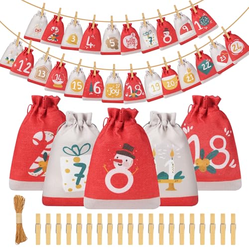 Adventskalender zum Befüllen 2025, 24 Stück Stoffbeutel 18x13cm, DIY Weihnachtskalender mit Zahlen, Tüten zum Aufhängen für Kinder & Familie,Weihnachtsdeko