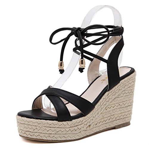 MAKEGSI Womens Jute-rope Middle Wedge Heel Summer Shoes Flip Sandals Lace Up