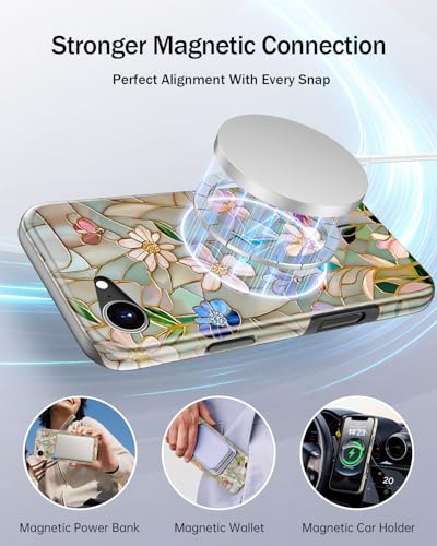 Image of Goodon for iPhone 16e Case Cute,Aesthetic Vintage Mosaic Stained Glass Shell Design,Glossy Floral Pattern,MagSafe Compatible,Preppy Trendy Y2K Protective Silicone Phone Cover for Women Girls | Dual-Layer Hard Shell + Silicone, Slim Fit Protective Phone Cover with Wildflower Designs for Women Girls