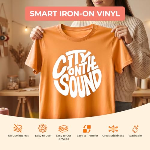 Image of HTVRONT Smart Iron On Vinyl, White HTV - 13 inch x 3FT Heat Transfer Vinyl - HTV Vinyl Compatible with Cricut Maker & Explore - Matless Cutting for Long Cuts, Easy to Cut & Weed for Heat Transfer Design