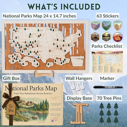 Image of National Parks Map - USA Travel Tracker with Checklist, Pins & Stickers - Adventure Gift for Park Lovers, Couples & Families, Bucket List Wall Art Decor