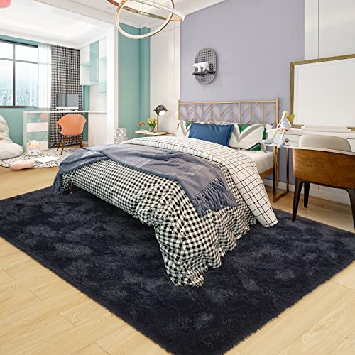 Ultra Soft Black Rugs For Bedroom 5X8 Feet, Fluffy Shag Area Rugs For Living Room, Large Comfy Furry Rug For Boys Kids Baby Room Decor, Non Slip Nursery Rug Modern Indoor Fuzzy Floor Carpet #TOP1